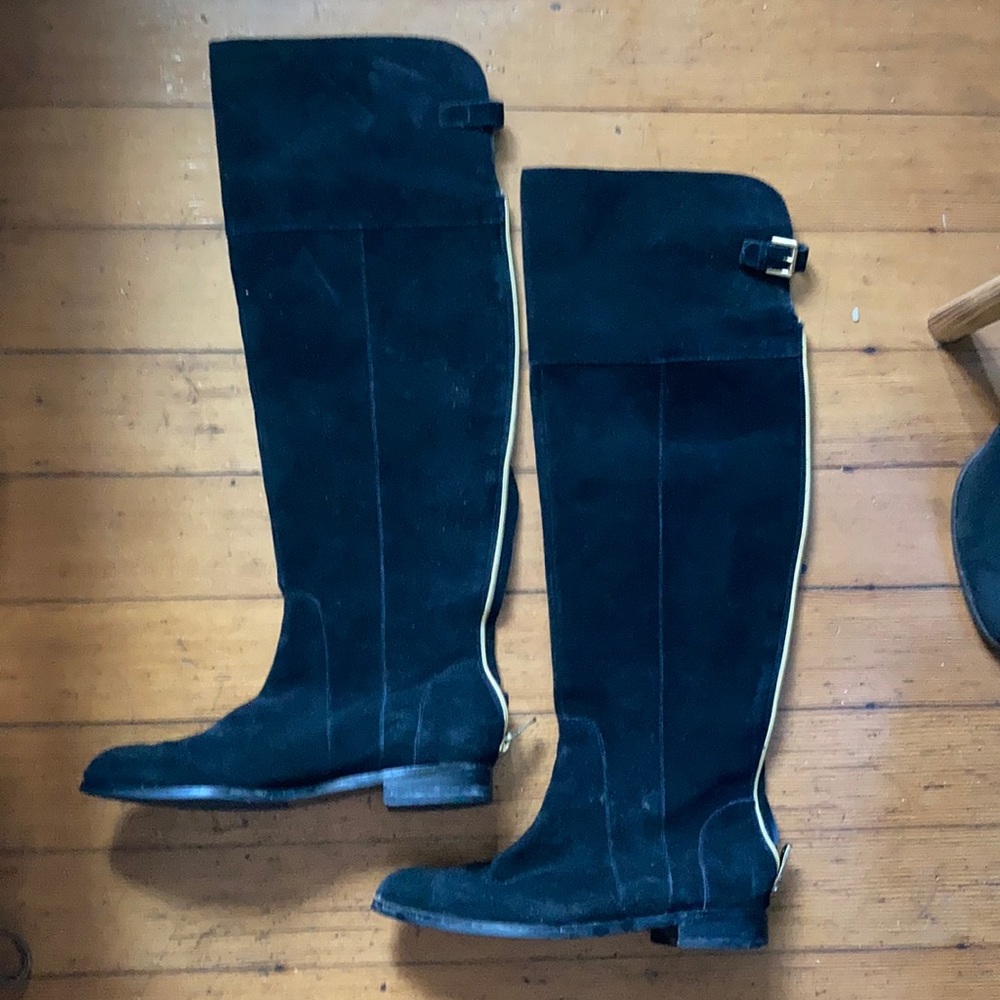 Gorgeous Charles David black suede OTK boots with gold zipper and buckle